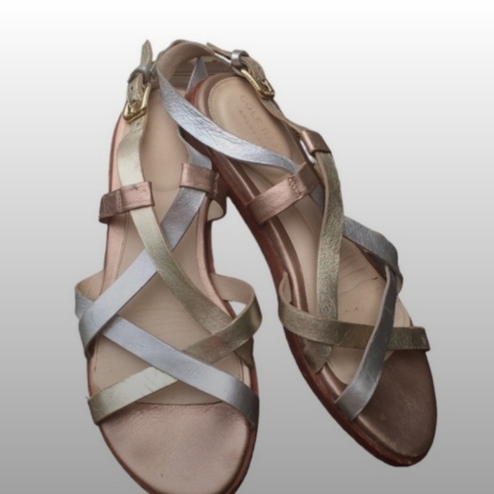 SOLD.     COLE HAAN SZ 7 Silver and Gold Strappy Sandals with Low Heel